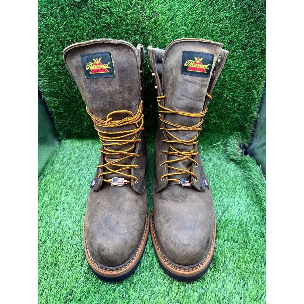 Thorogood Logger 804-3555 Combat Boot Man's 9 Brown Leather Workware Steel Toe